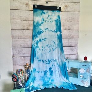 Blue Tie Dye Maxi Skirt Distressed Bleached Boho